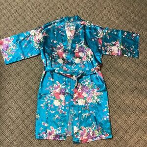 Teal Blue Floral Pink Purple White Satin Robe * Size Small